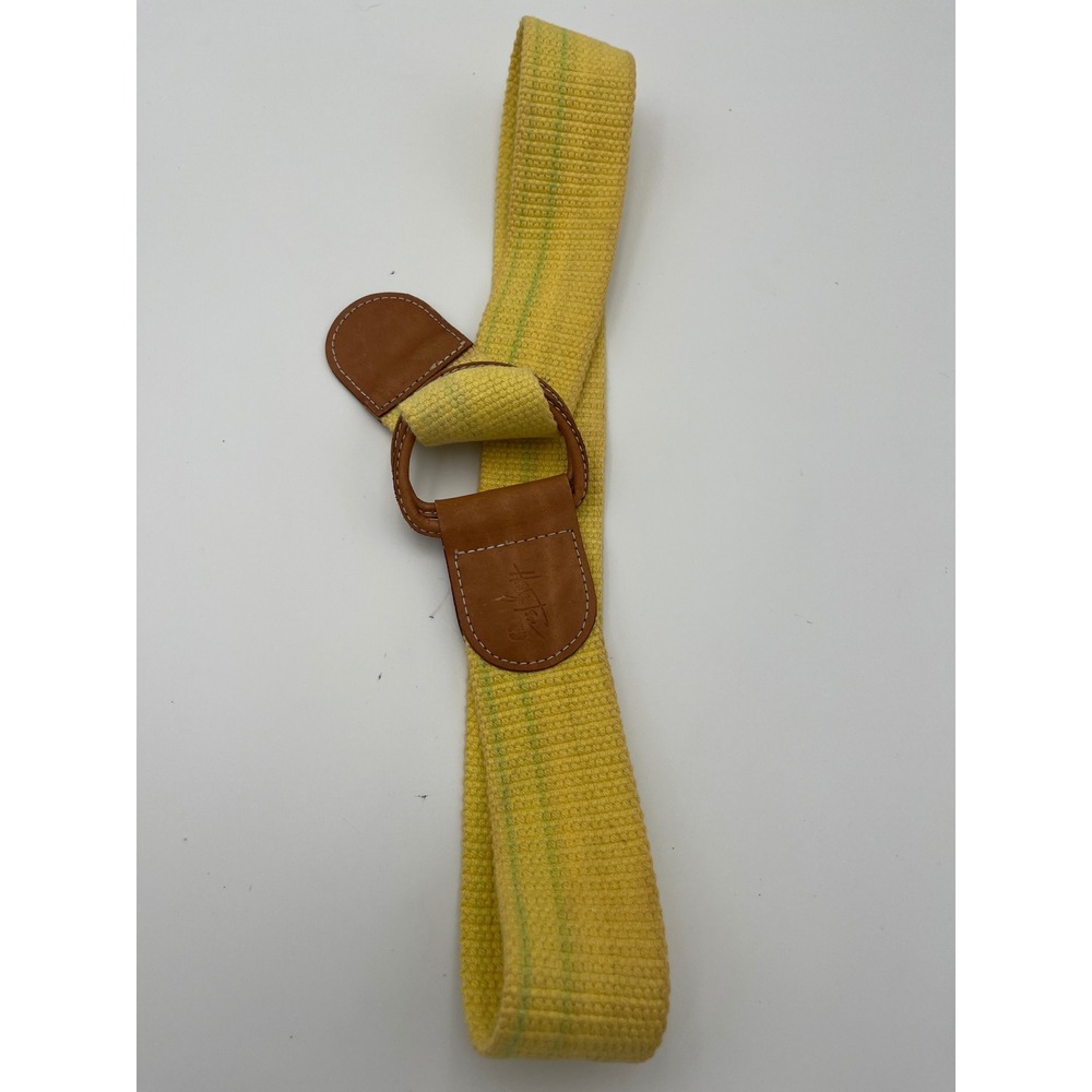 Hang Ten Vintage Yellow Woven D-Ring Belt Leather Trim Surf Retro 36.5 Inch